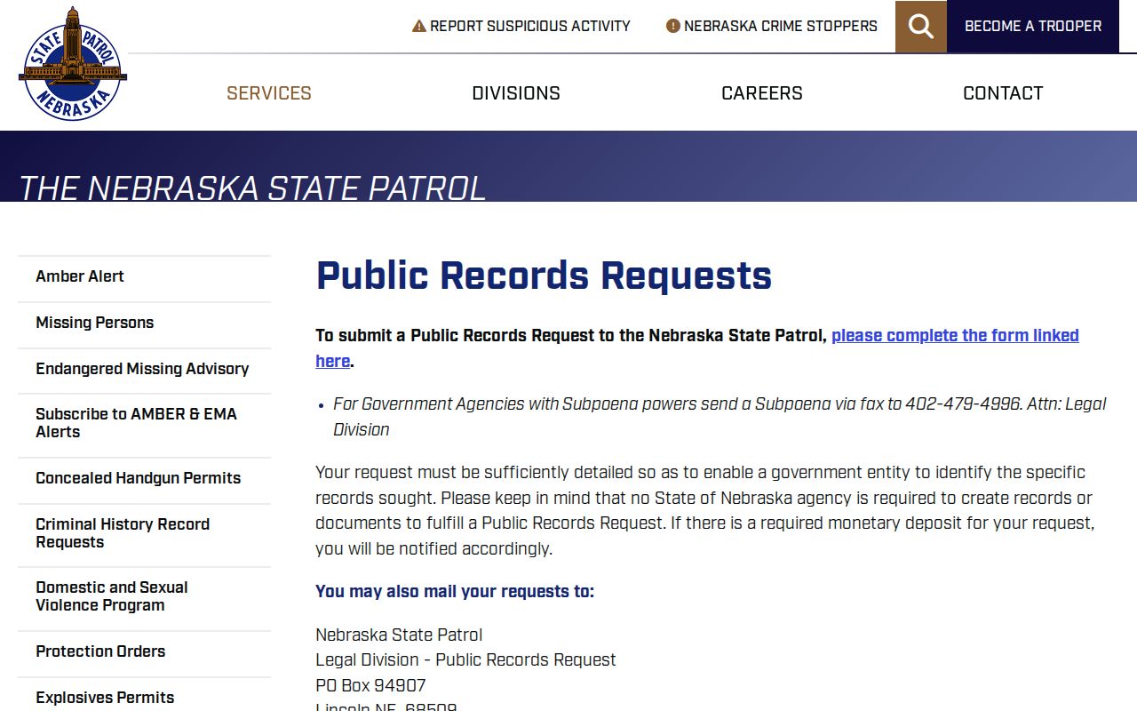 Nebraska State Patrol public record route for Phelps County arrest records