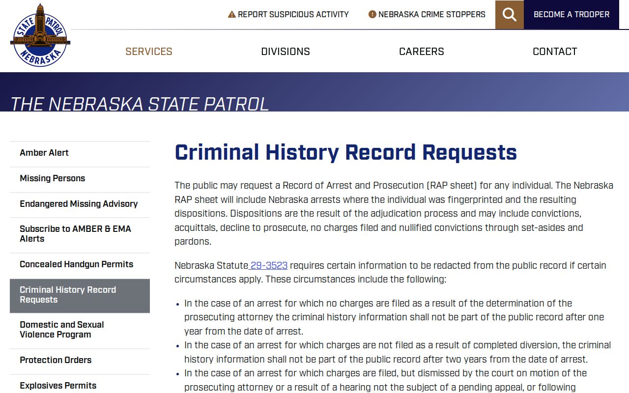Phelps County criminal history Nebraska State Patrol RAP request options